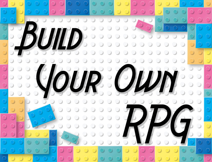 The text "Build Your Own RPG" over a frame of plastic construction blocks (LEGO blocks)